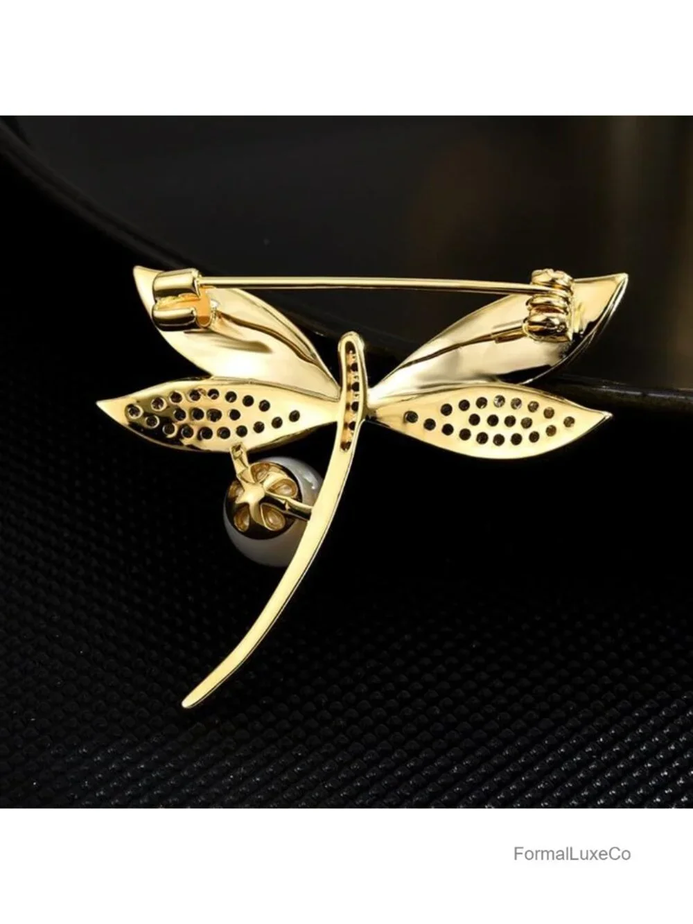Dragonfly Brooch Pin, 18k Gold-Plated Copper, Pearl Rhinestone Crystal Brooches